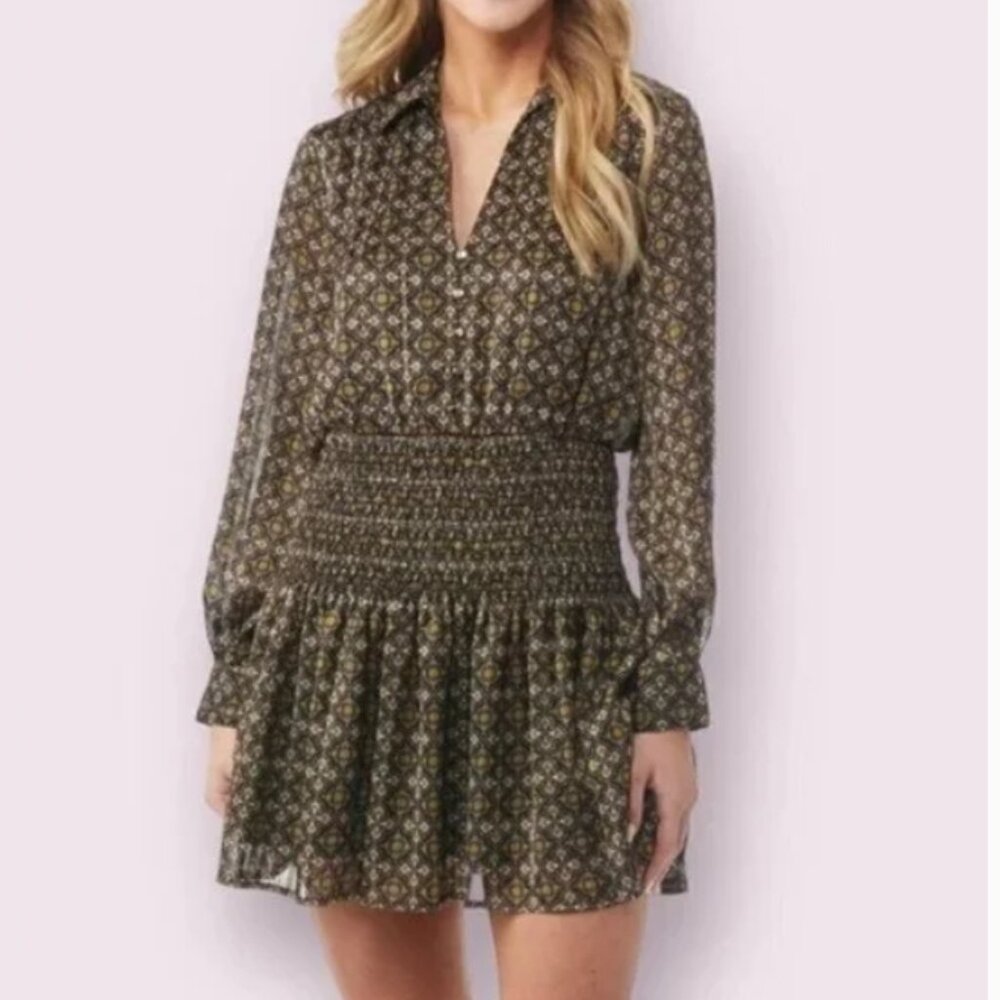 Ever After Black Glittery Boho Geometric Long Sleeve Smocked Party Event Dress